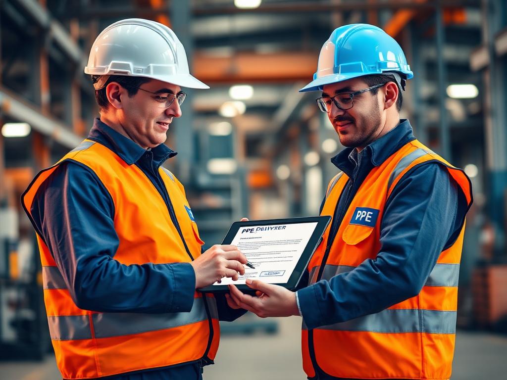 Trabalhadores assinando ficha digital de EPI
