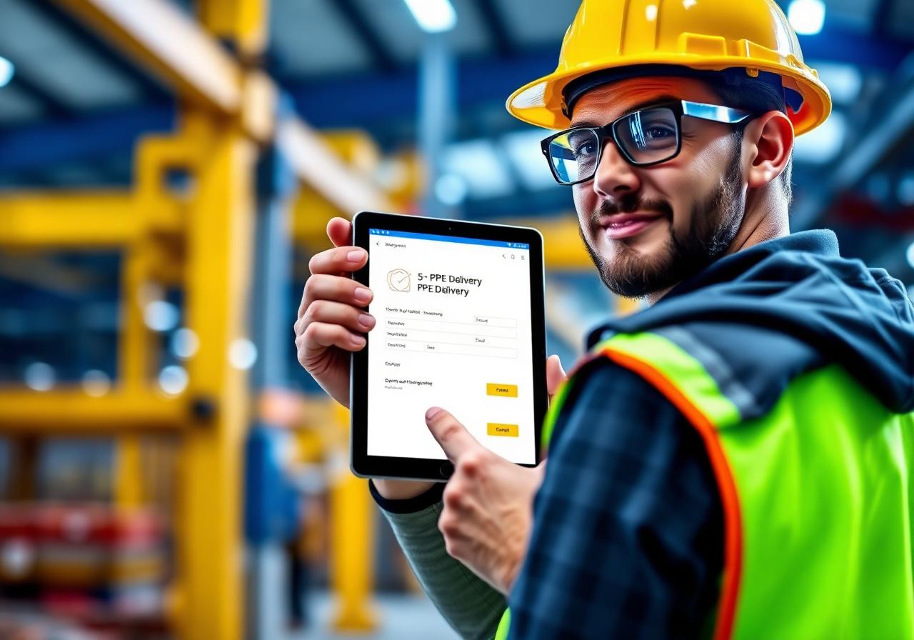 Trabalhador na fábrica usando o ProtecFlow no tablet